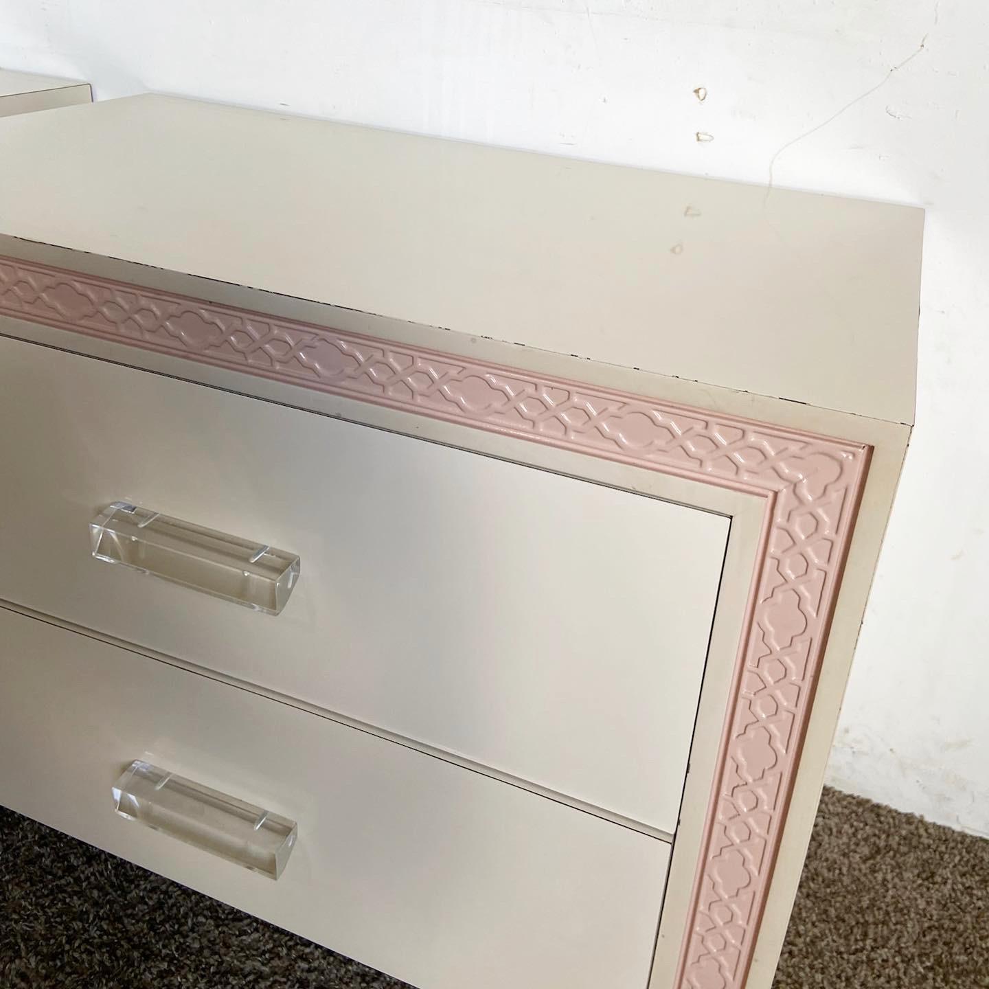 Postmodern Pink and White Nightstands With Lucite Handles - a Pair In Good Condition For Sale In Delray Beach, FL