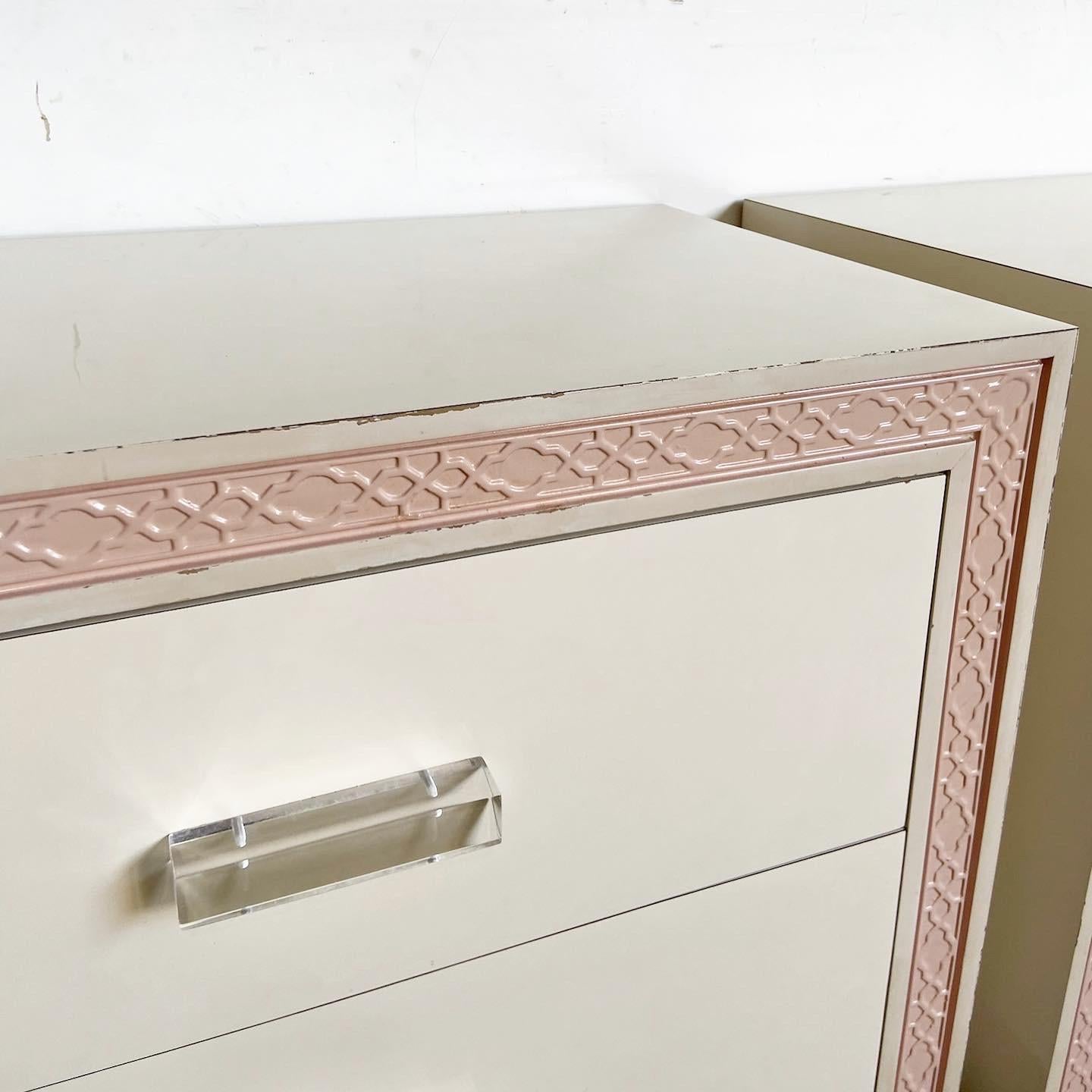 20th Century Postmodern Pink and White Nightstands With Lucite Handles - a Pair For Sale