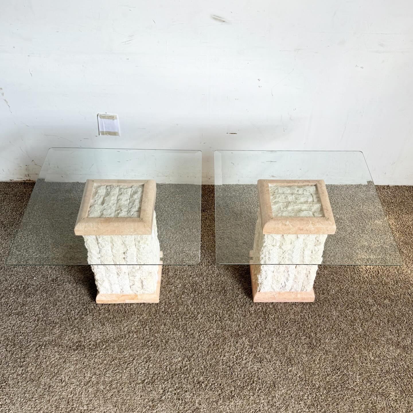 Post-Modern Postmodern Pink & Beige Tessellated Stone Beveled Glass Top Side Tables - a Pair For Sale