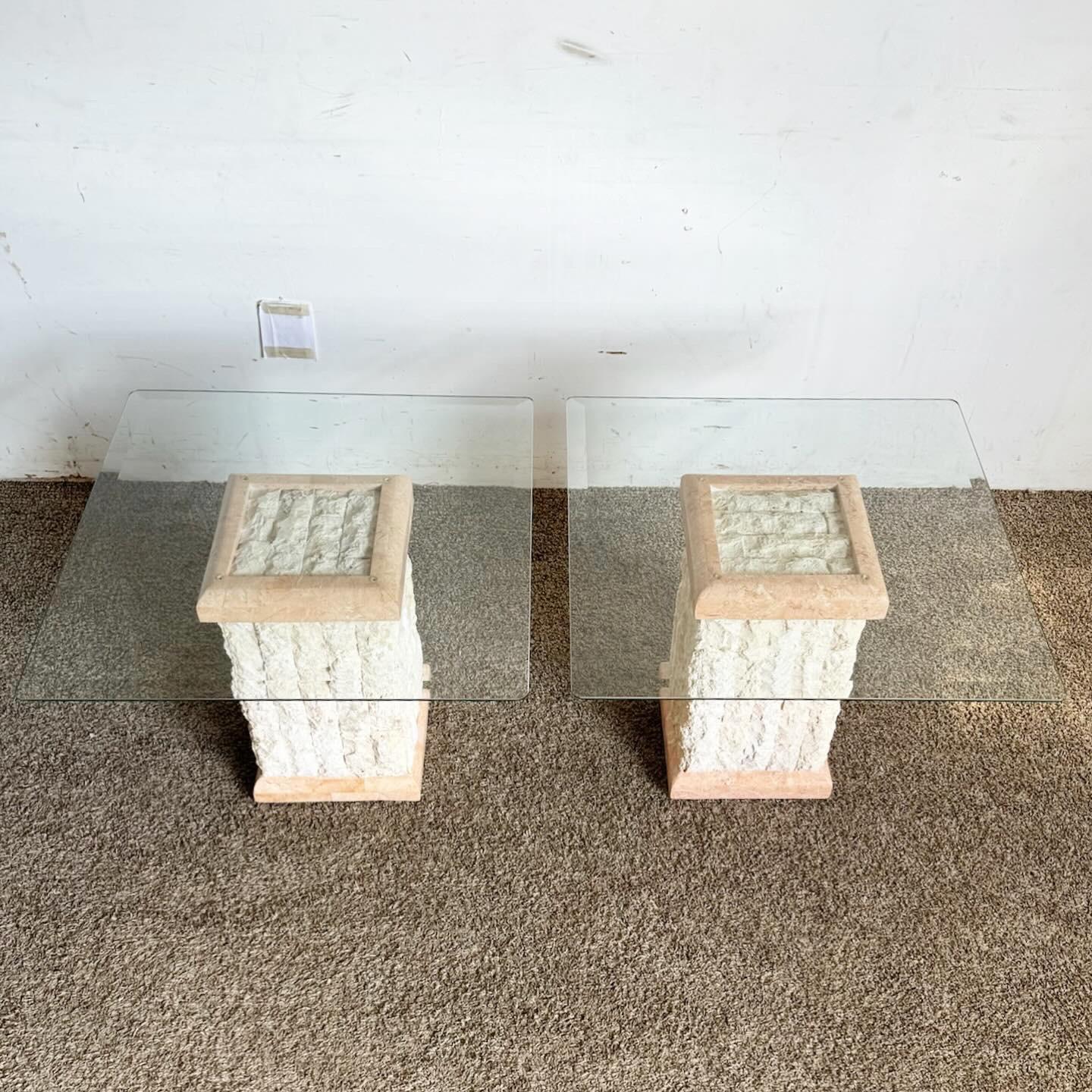 Post-Modern Postmodern Pink & Beige Tessellated Stone Beveled Glass Top Side Tables - a Pair