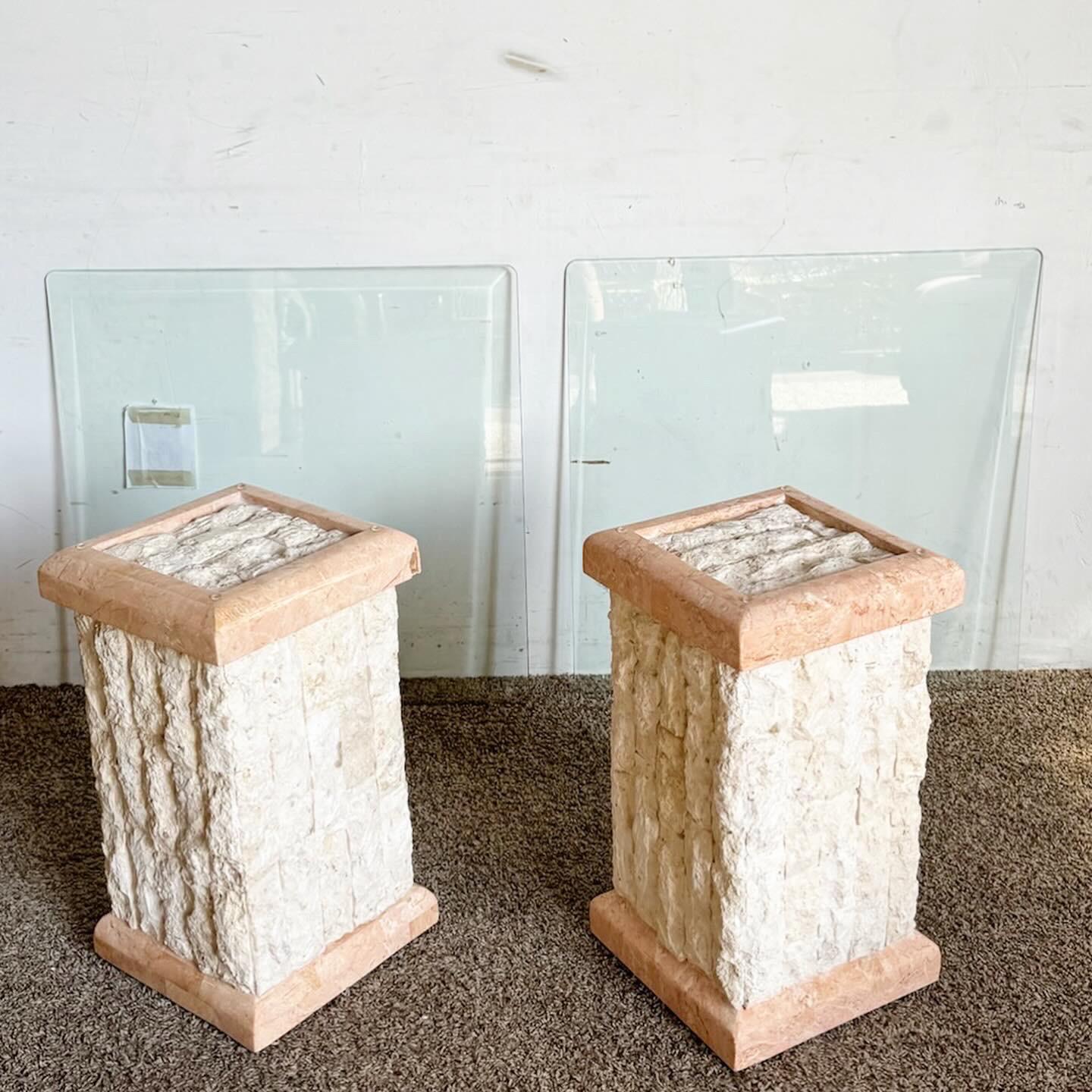 Philippine Postmodern Pink & Beige Tessellated Stone Beveled Glass Top Side Tables - a Pair For Sale