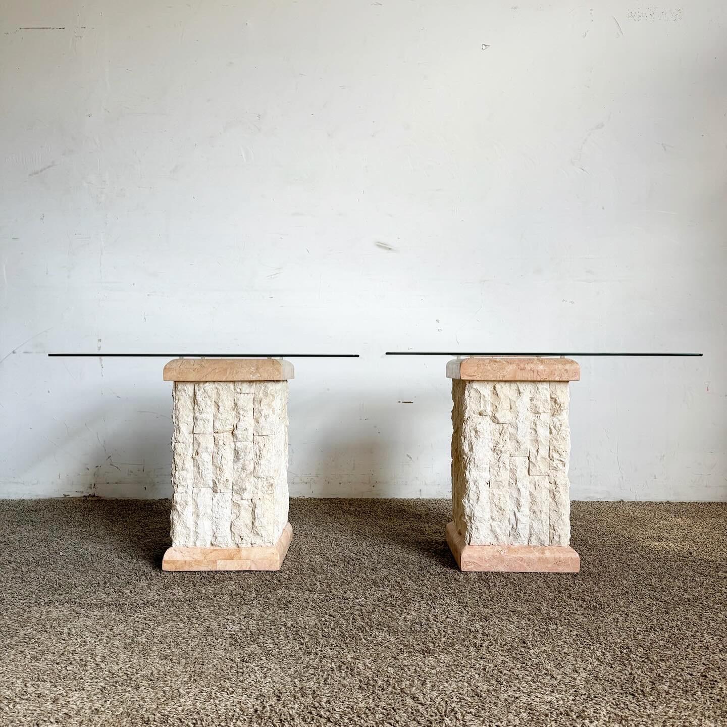 Postmodern Pink & Beige Tessellated Stone Beveled Glass Top Side Tables - a Pair In Good Condition For Sale In Delray Beach, FL