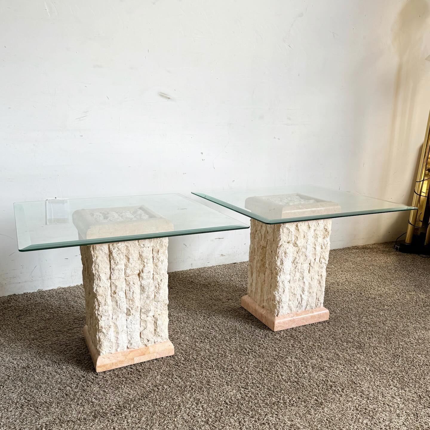 20th Century Postmodern Pink & Beige Tessellated Stone Beveled Glass Top Side Tables - a Pair For Sale