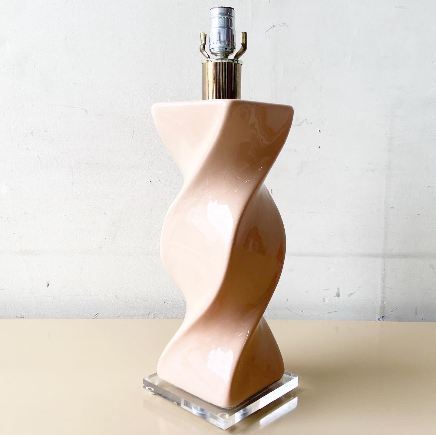 American Postmodern Pink Ceramic and Lucite Swirled Table Lamp For Sale