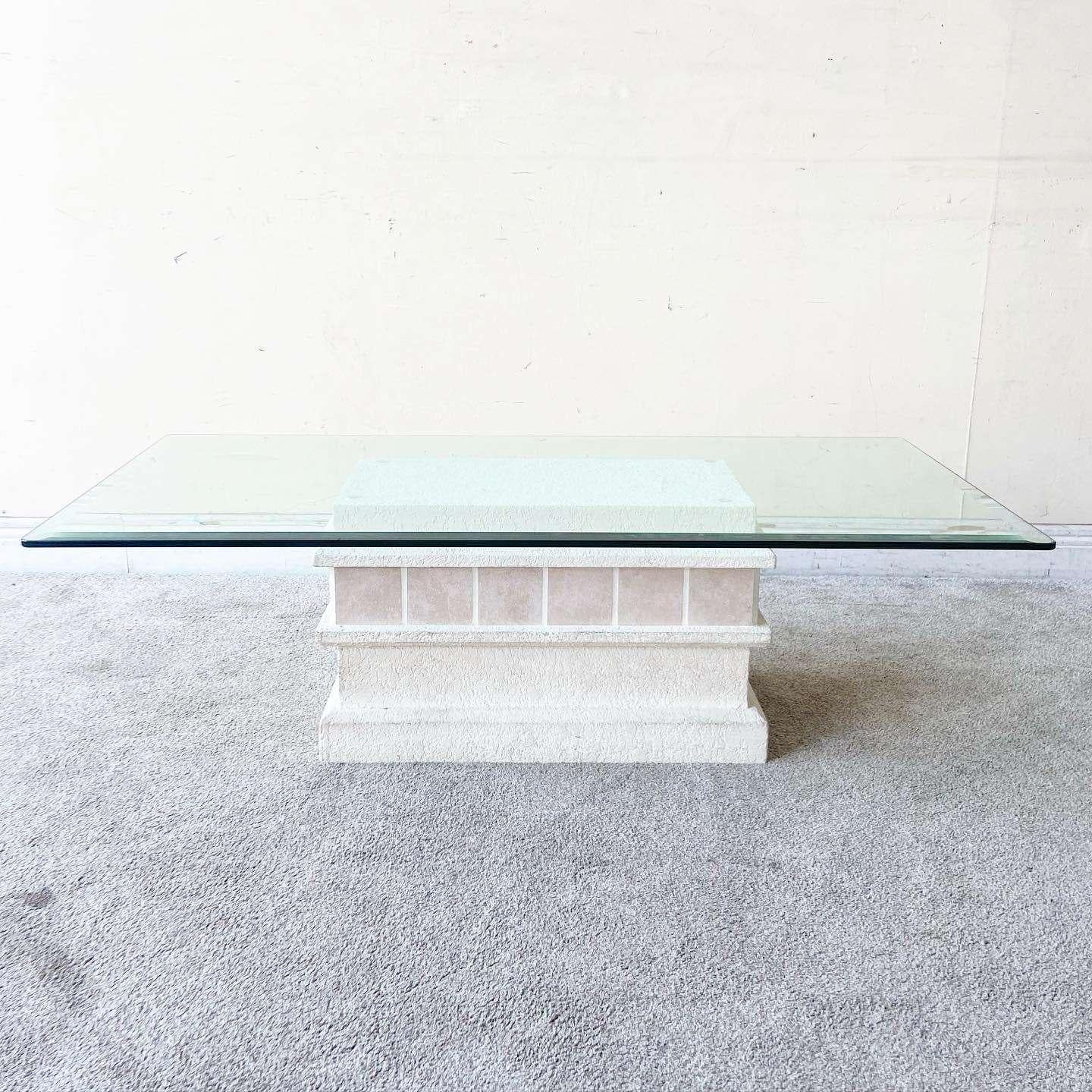 Post-Modern Postmodern Pink Ceramic and Stucco Glass Top Coffee Table For Sale