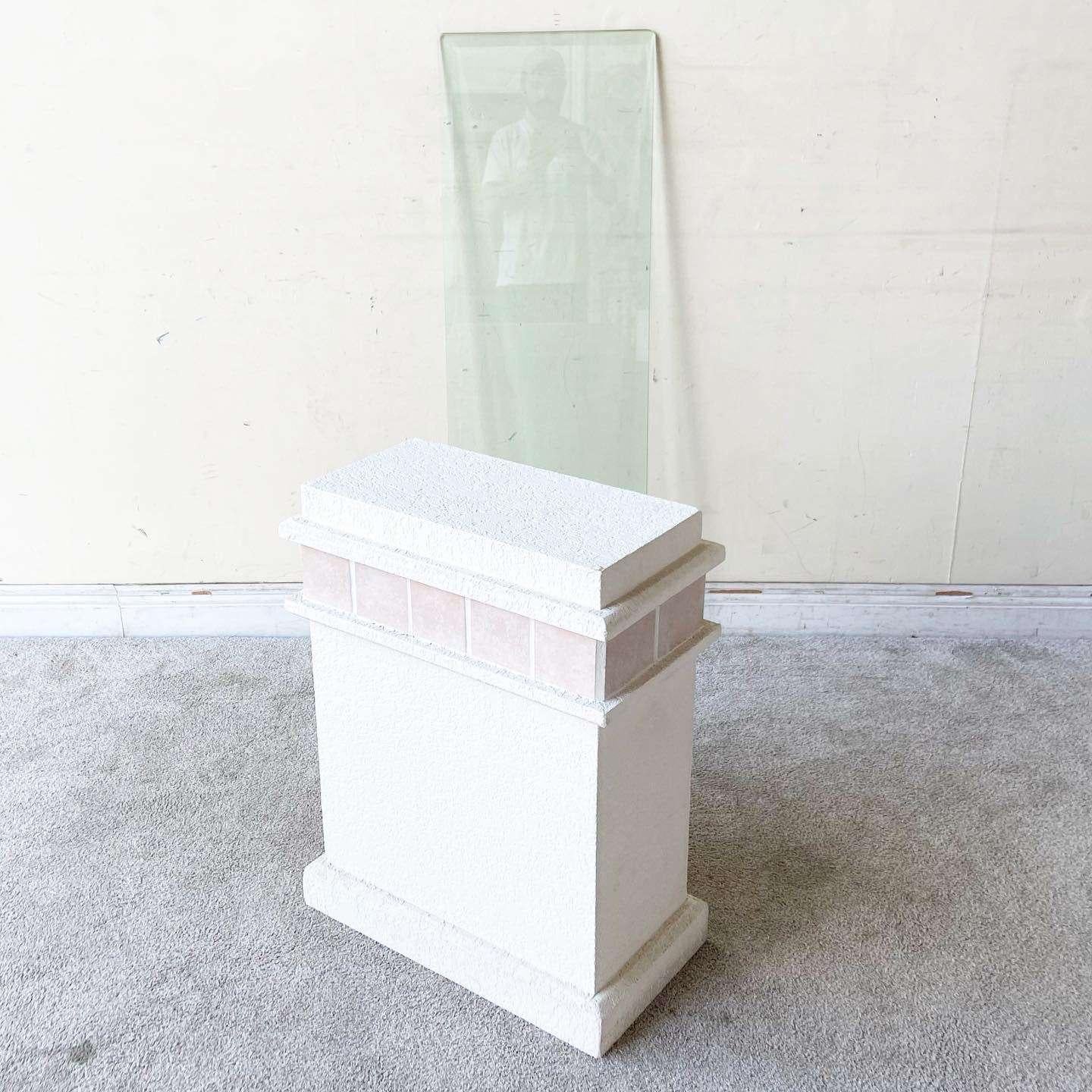 American Postmodern Pink Ceramic and Stucco Glass Top Console Table For Sale