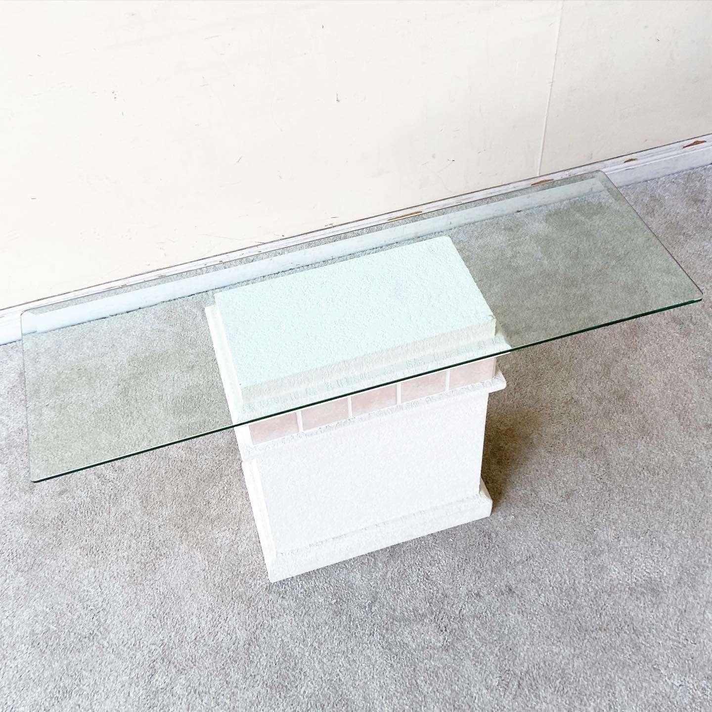 Postmodern Pink Ceramic and Stucco Glass Top Console Table For Sale 1