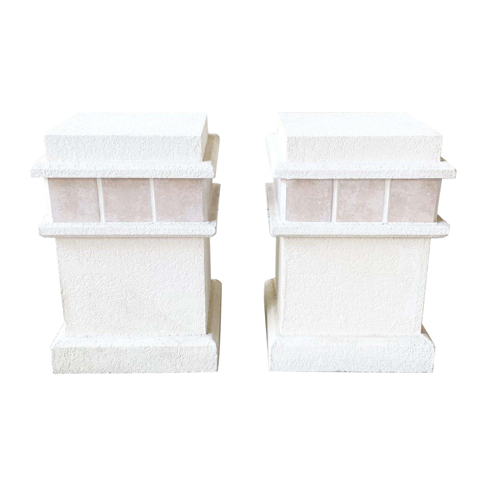 Postmodern Pink Ceramic and Stucco Pedestal Side Table