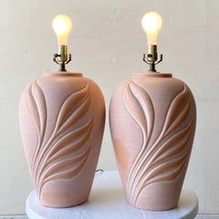 Postmodern Pink Ceramic Floral Table Lamps - a Pair