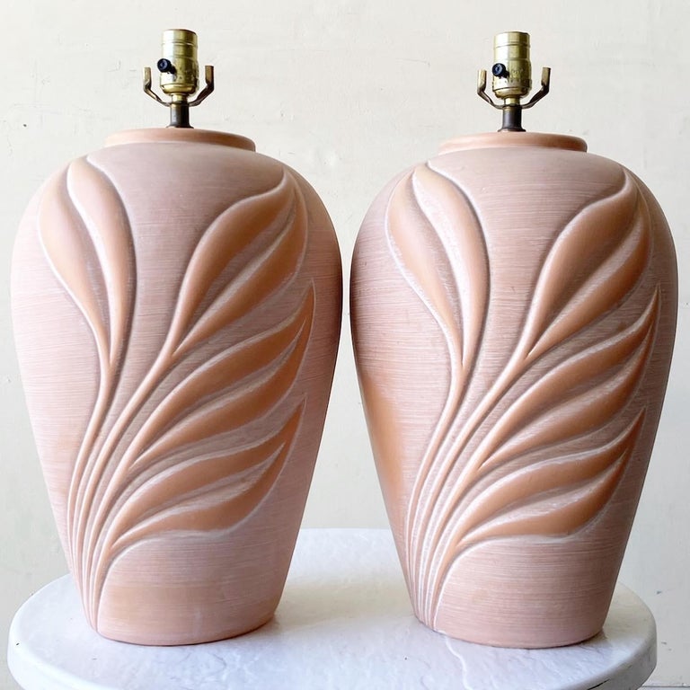 Postmodern Pink Ceramic Floral Table Lamps, a Pair For Sale at 1stDibs