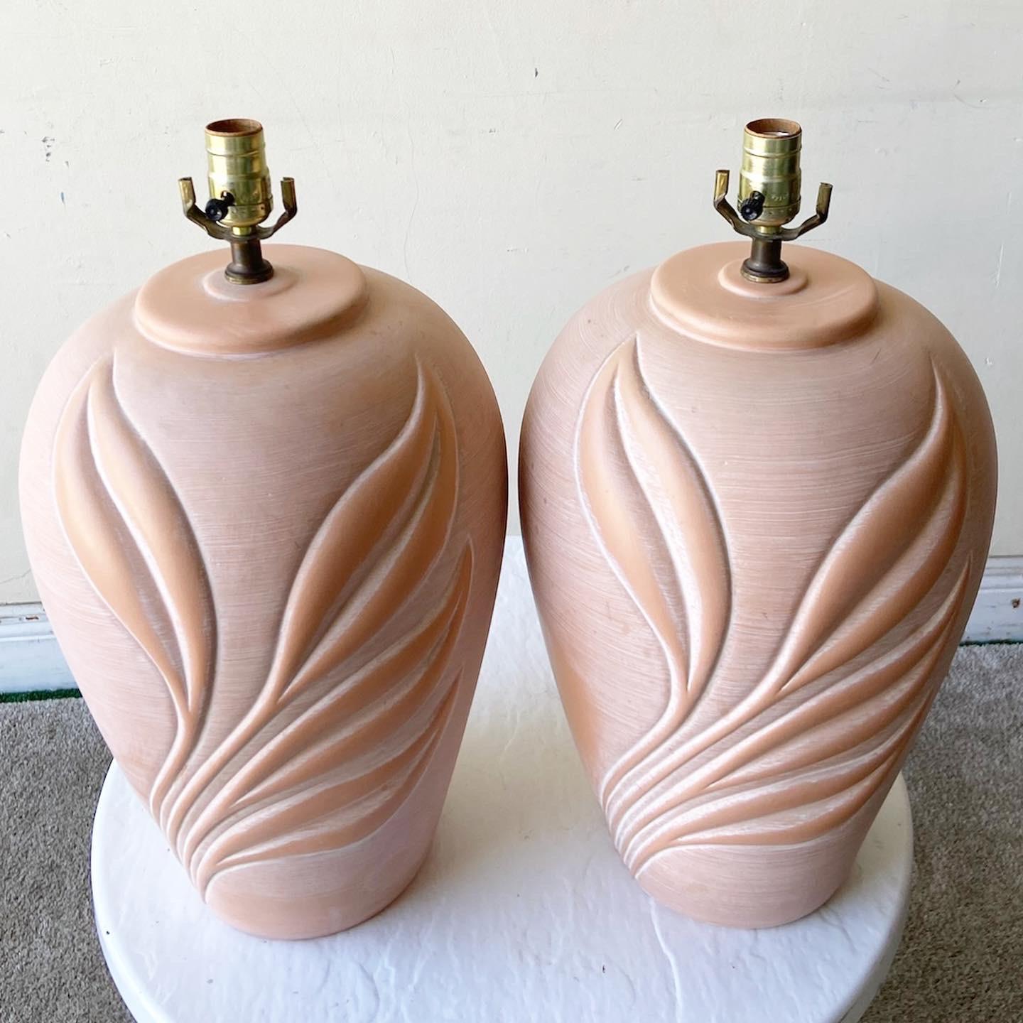 Post-Modern Postmodern Pink Ceramic Floral Table Lamps, a Pair For Sale