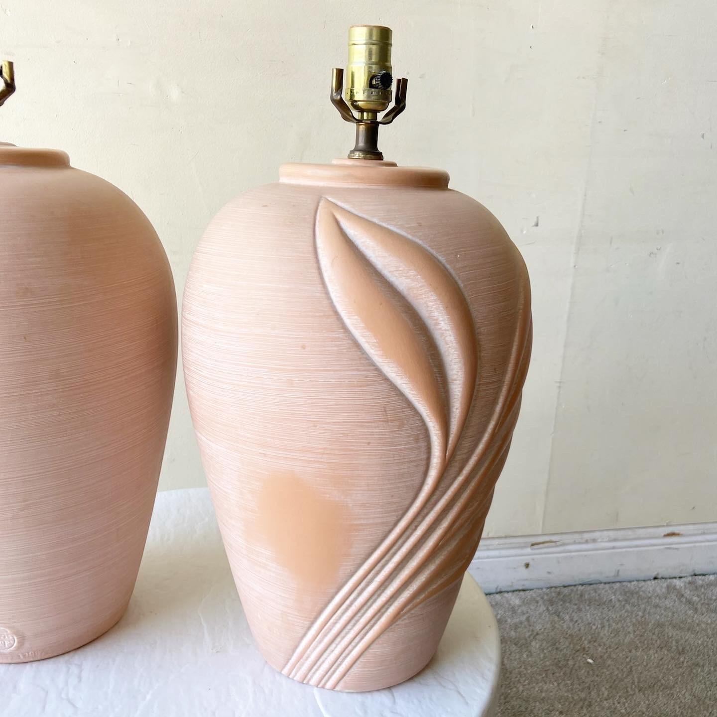 Late 20th Century Postmodern Pink Ceramic Floral Table Lamps, a Pair For Sale