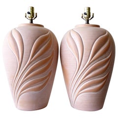 Postmodern Pink Ceramic Floral Table Lamps - a Pair