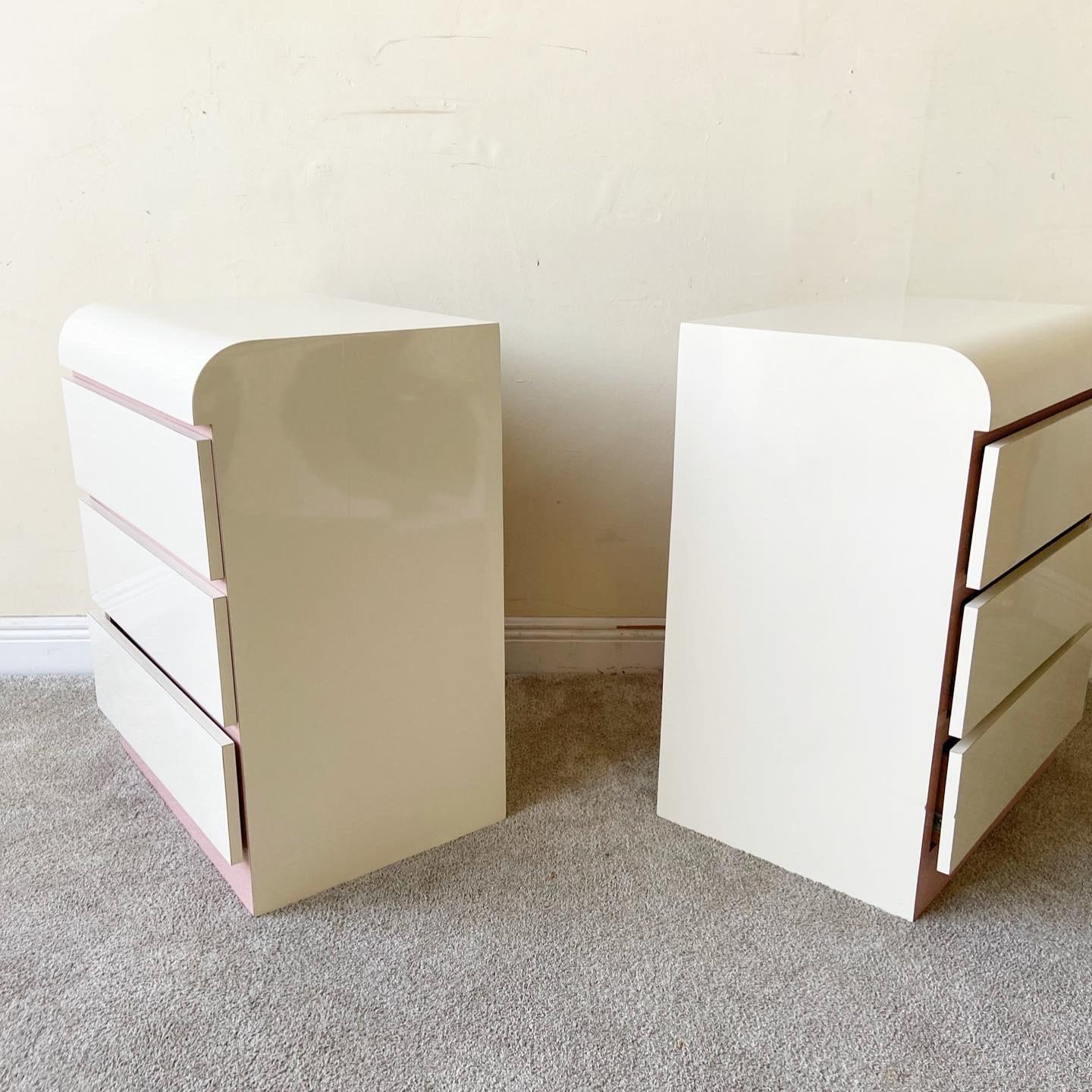 Post-Modern Postmodern Pink & Cream Lacquer Laminate Waterfall Nightstands – a Pair