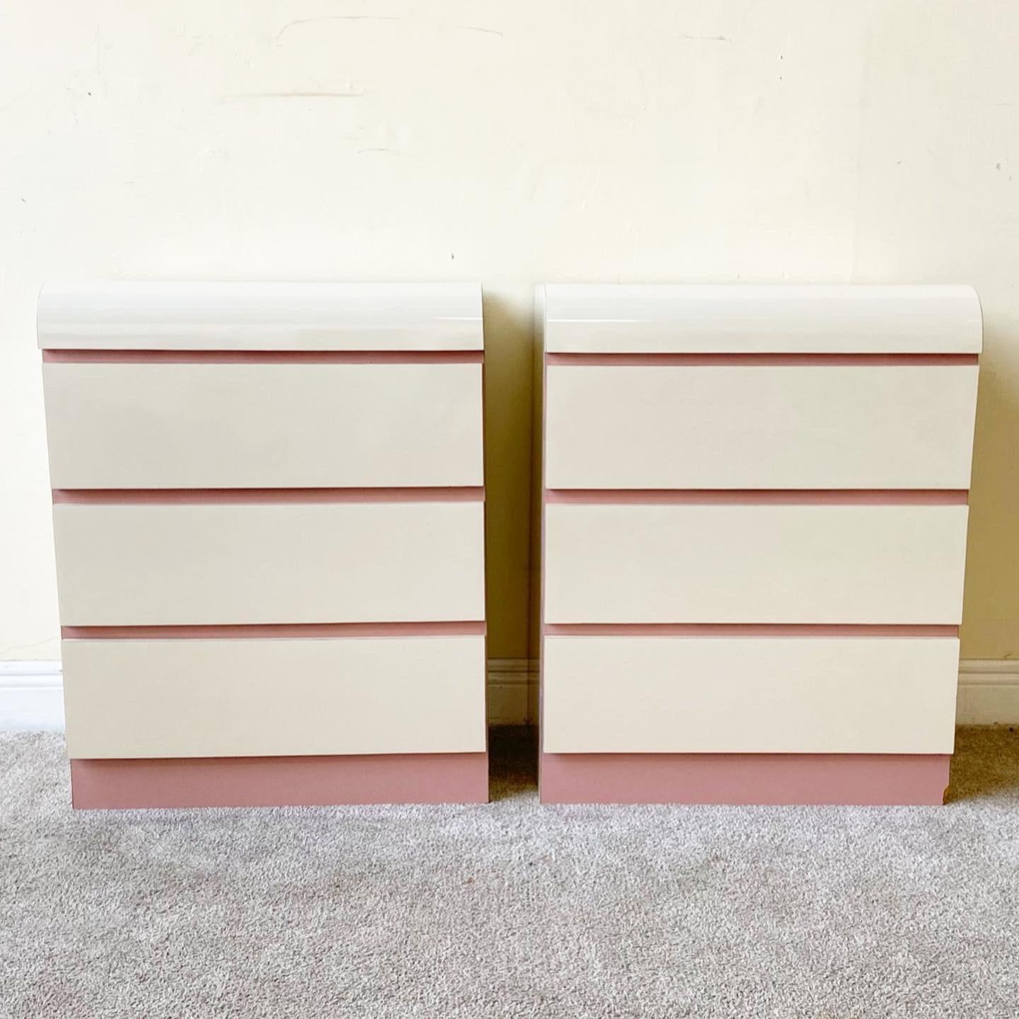 Late 20th Century Postmodern Pink & Cream Lacquer Laminate Waterfall Nightstands – a Pair