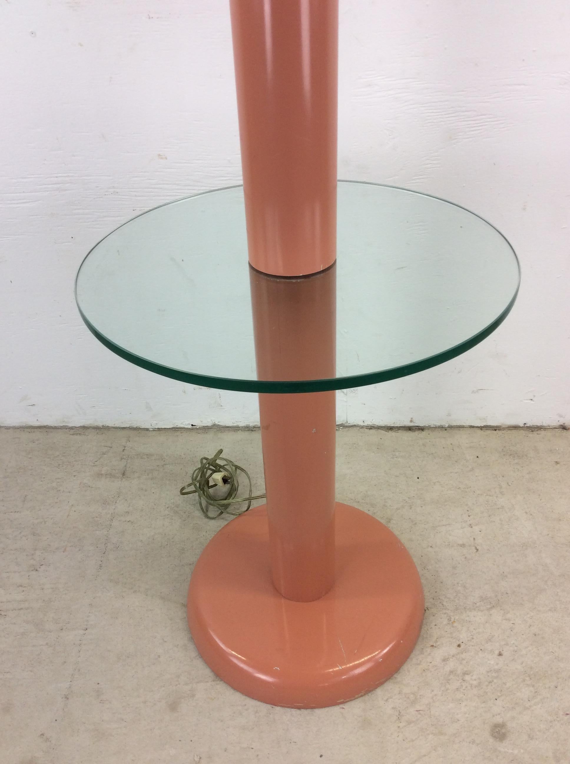 Metal Postmodern Pink Floor Lamp with Attached Glass End Table & Empire Shade For Sale