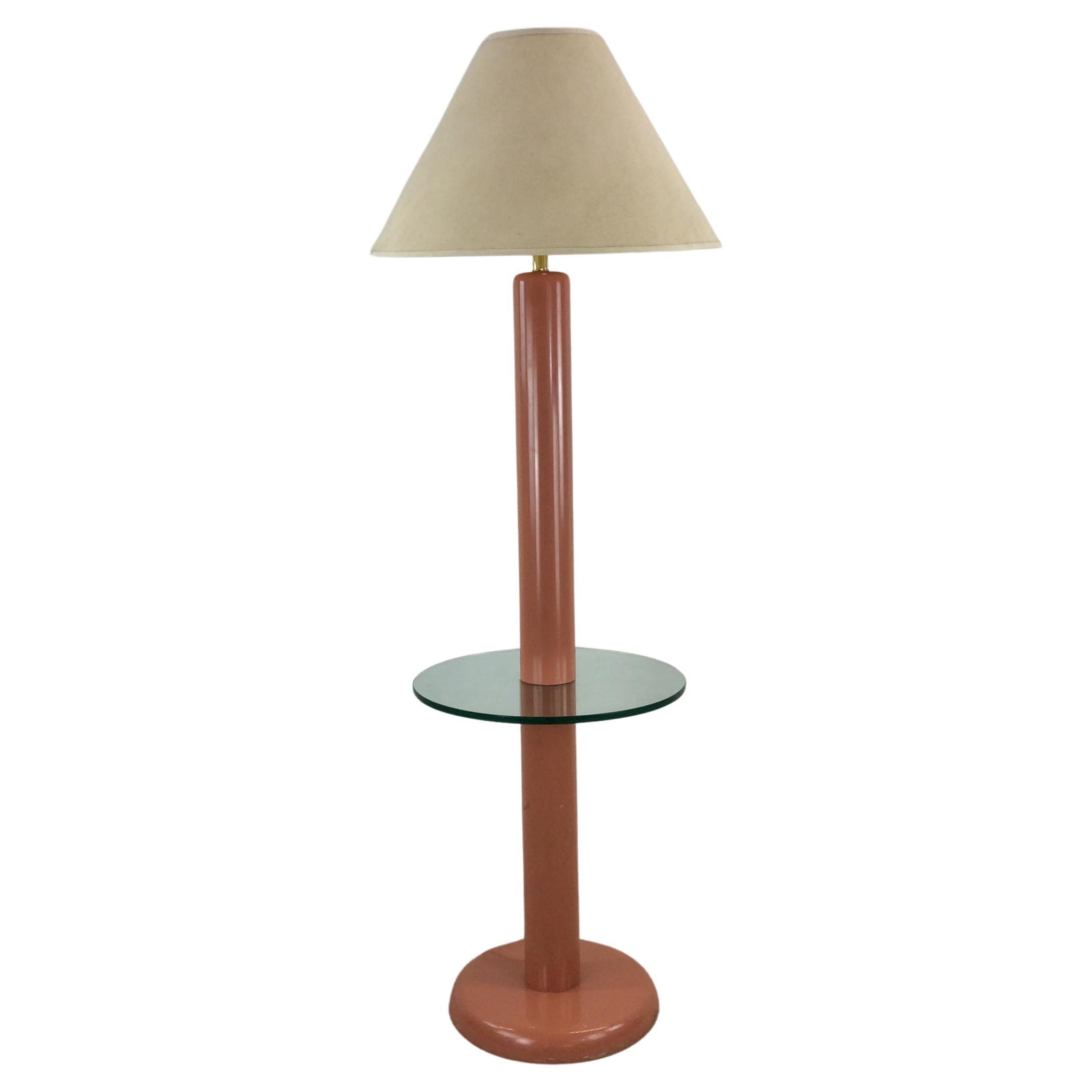 Postmodern Pink Floor Lamp with Attached Glass End Table & Empire Shade
