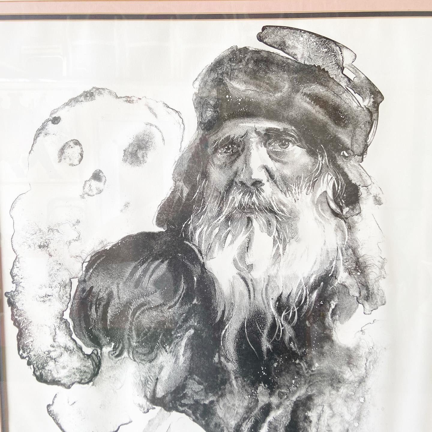 Beautiful artist proof Lithograph of Grandpa Holding his Grandson and ghost/spirit in Black & White by Romanian Painter Sandu Liberman.

Additional information:
Material: Lithograph
Color: Black, Pink, White
Style: Postmodern
Artist: Sandu