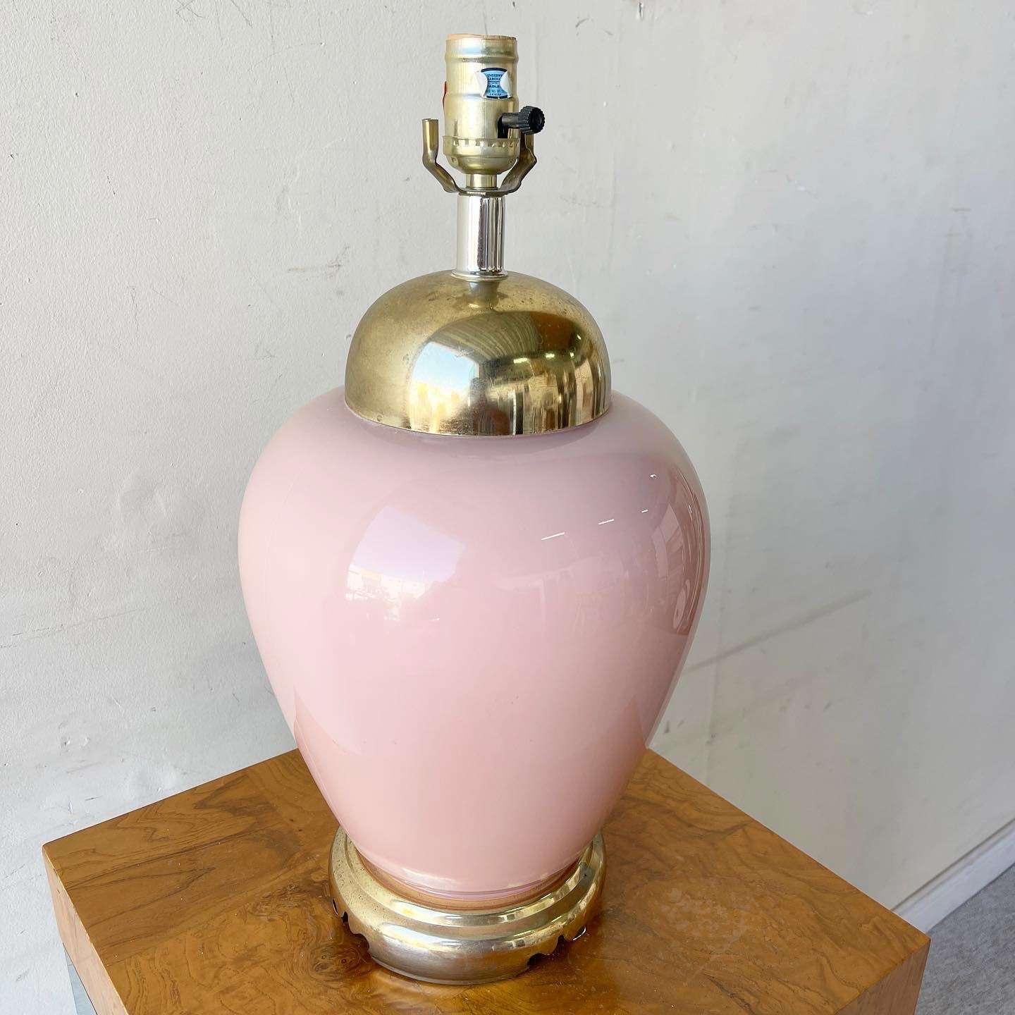 American Postmodern Pink Glass and Gold Table Lamp by Alsy For Sale