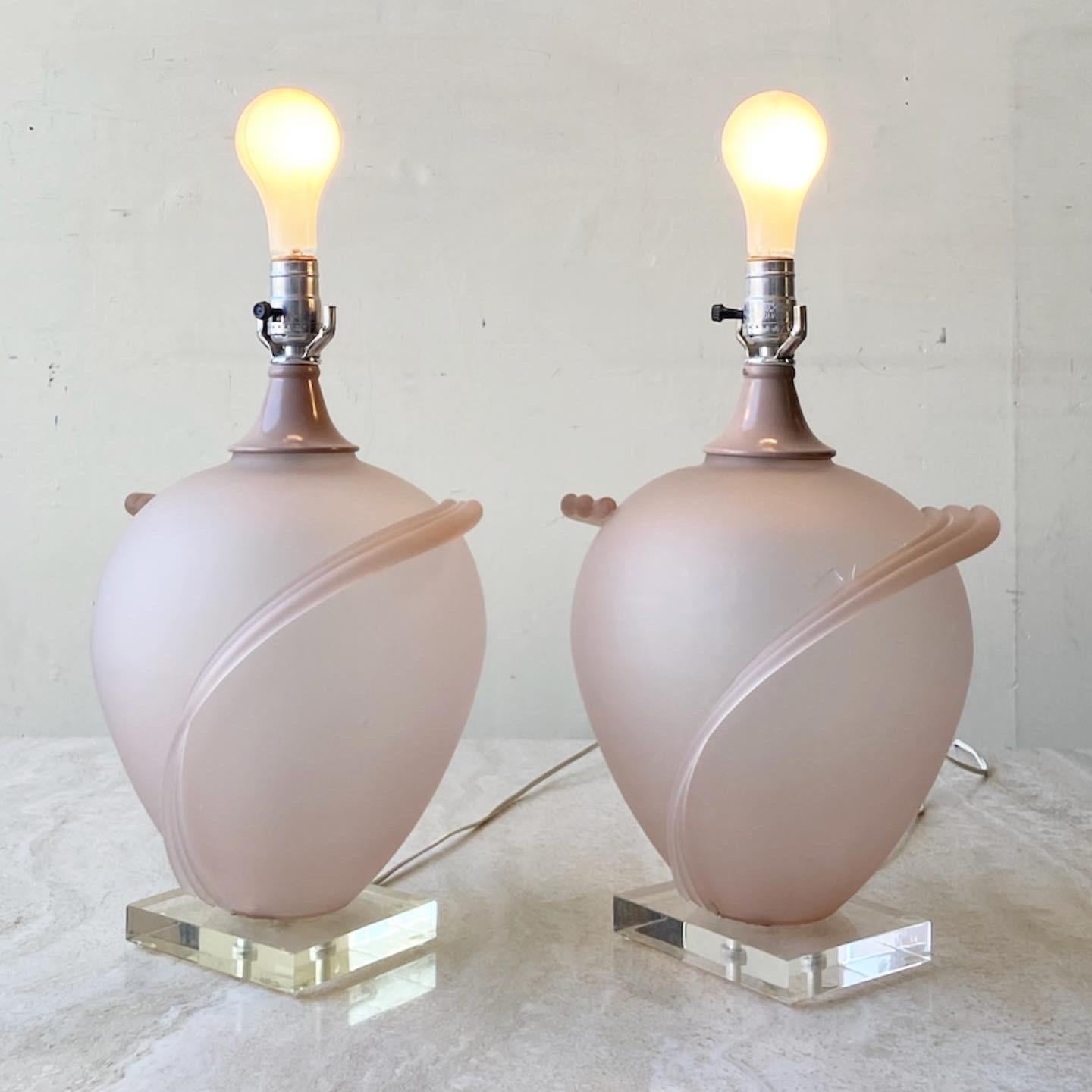 American Postmodern Pink Glass and Lucite Table Lamps - a Pair For Sale