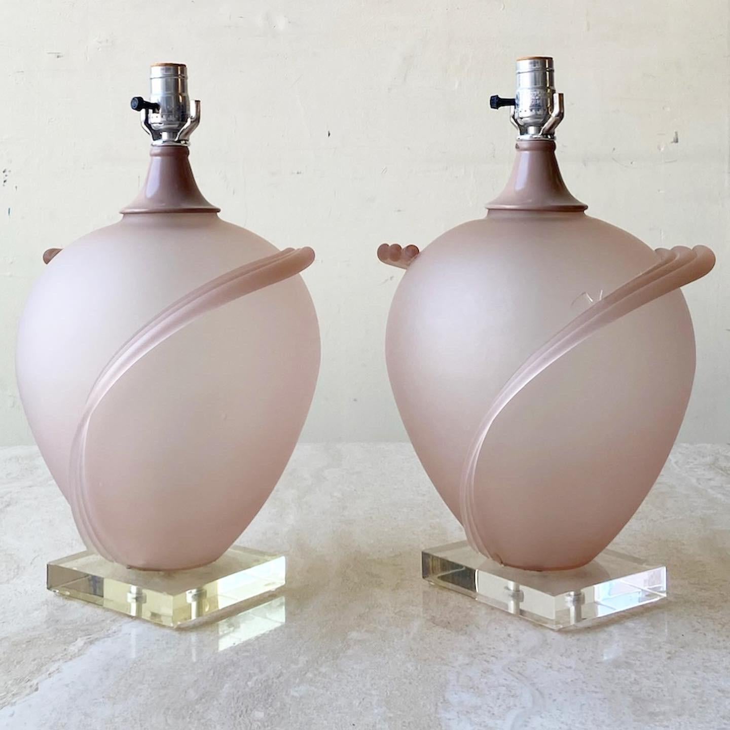 Postmodern Pink Glass and Lucite Table Lamps - a Pair In Good Condition For Sale In Delray Beach, FL
