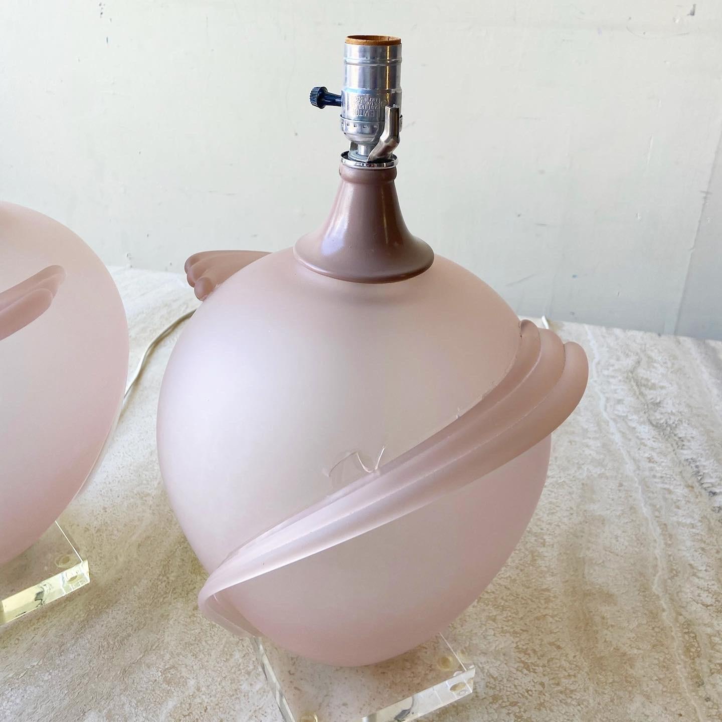 Late 20th Century Postmodern Pink Glass and Lucite Table Lamps - a Pair For Sale