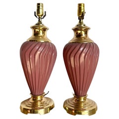 Postmodern Pink Glass Swirl and Gold Table Lamps - A Pair