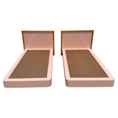 Postmodern Pink Gloss Laminate and Oak Twin Size Platform Beds - A Pair