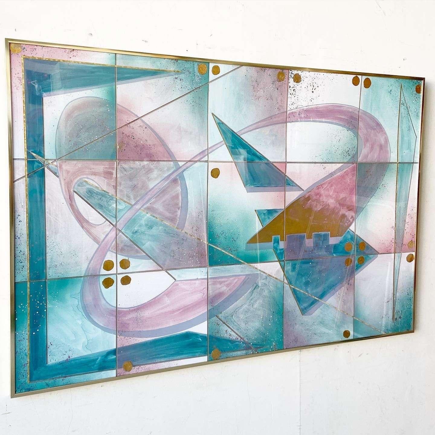 Post-Modern Postmodern Pink Gold & Green Framed Signed Artwork For Sale