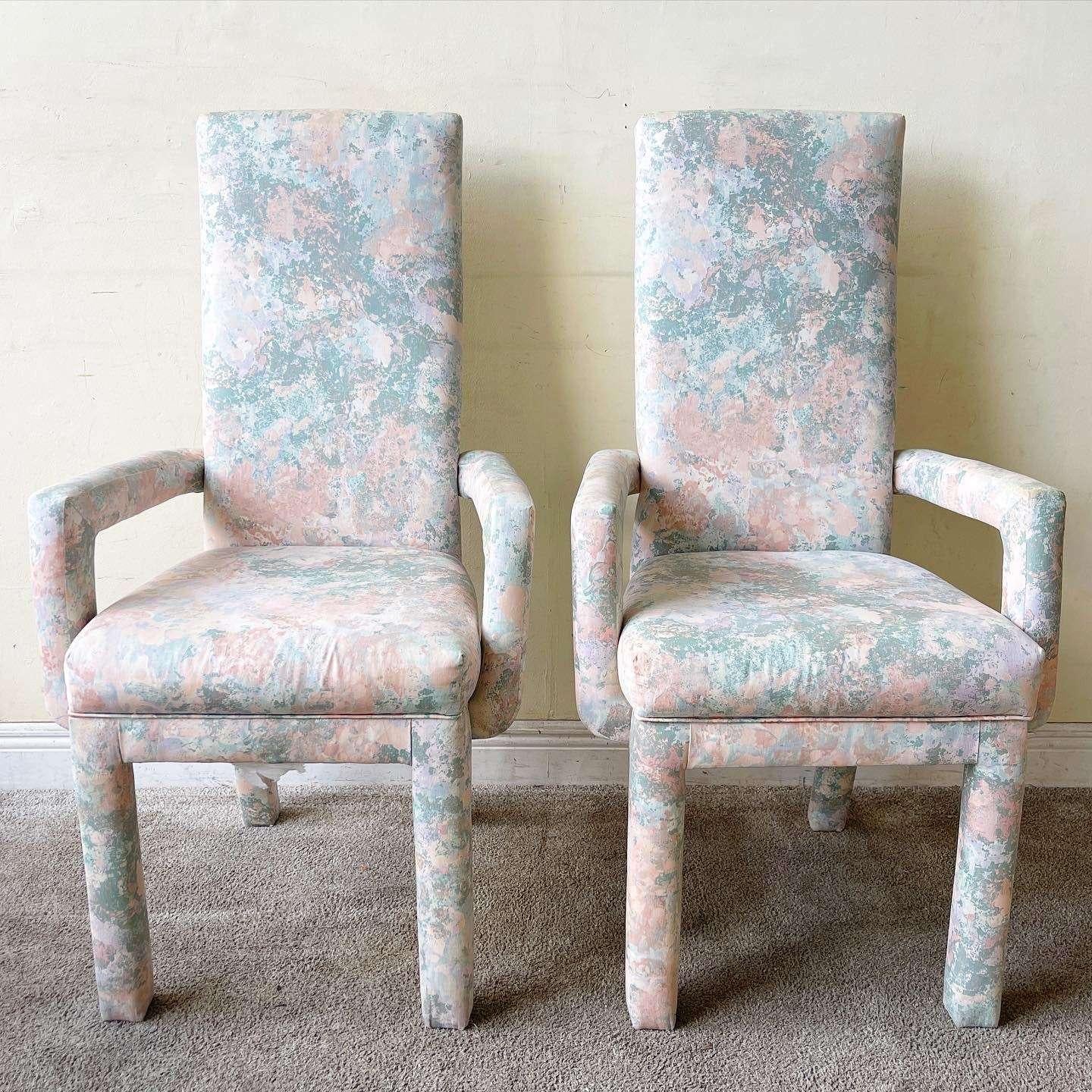 Incredible set of 4 parsons dining chairs. Each feature a pink purple and green designed fabric.

Seat height is 19.0 in.