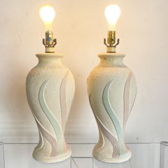 Postmodern Pink Green and Purple Swirl Two-Tiered Ceramic Table Lamps - a Pair