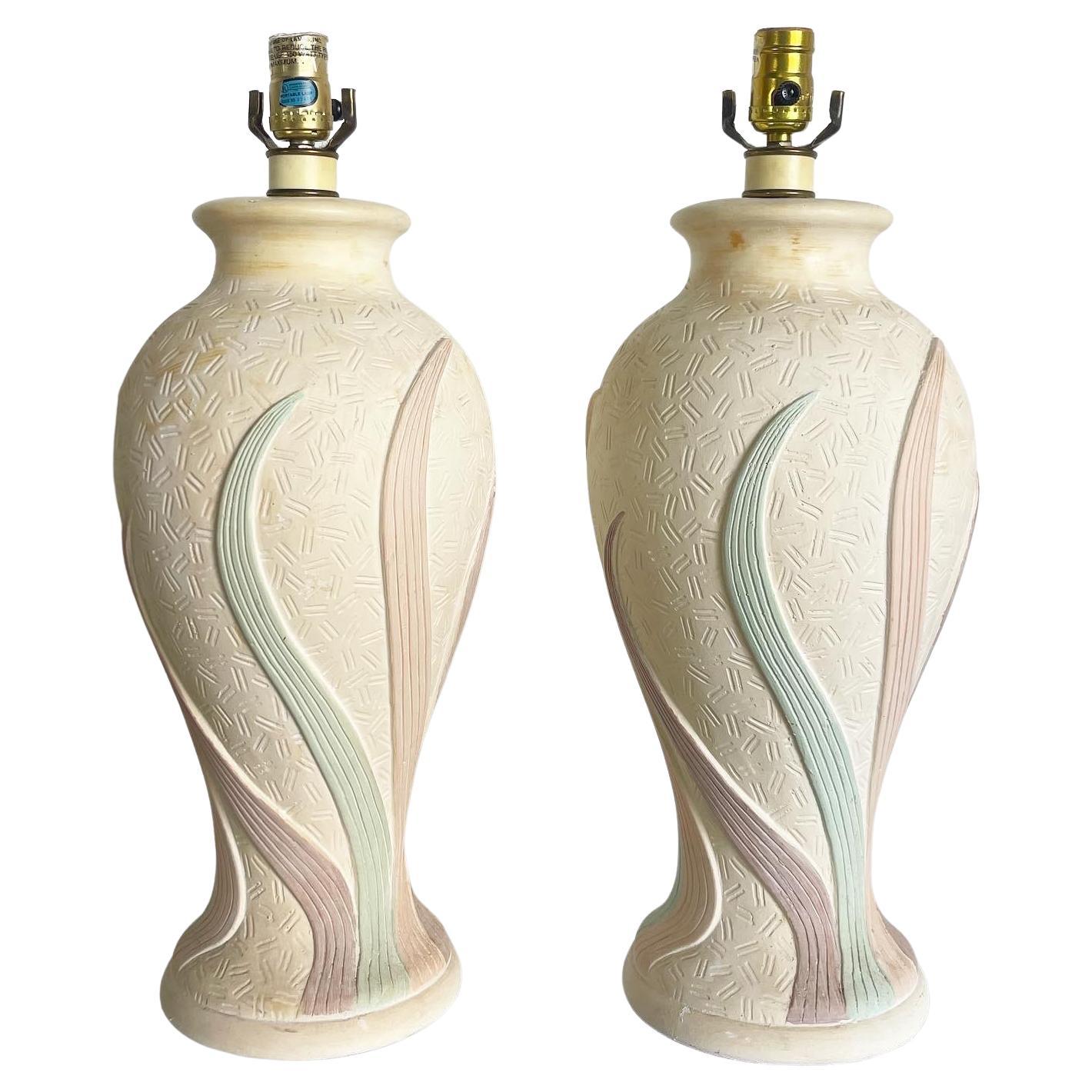 Postmodern Pink Green and Purple Swirl Two-Tiered Ceramic Table Lamps - a Pair For Sale