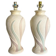 Postmodern Pink Green and Purple Swirl Two-Tiered Ceramic Table Lamps - a Pair