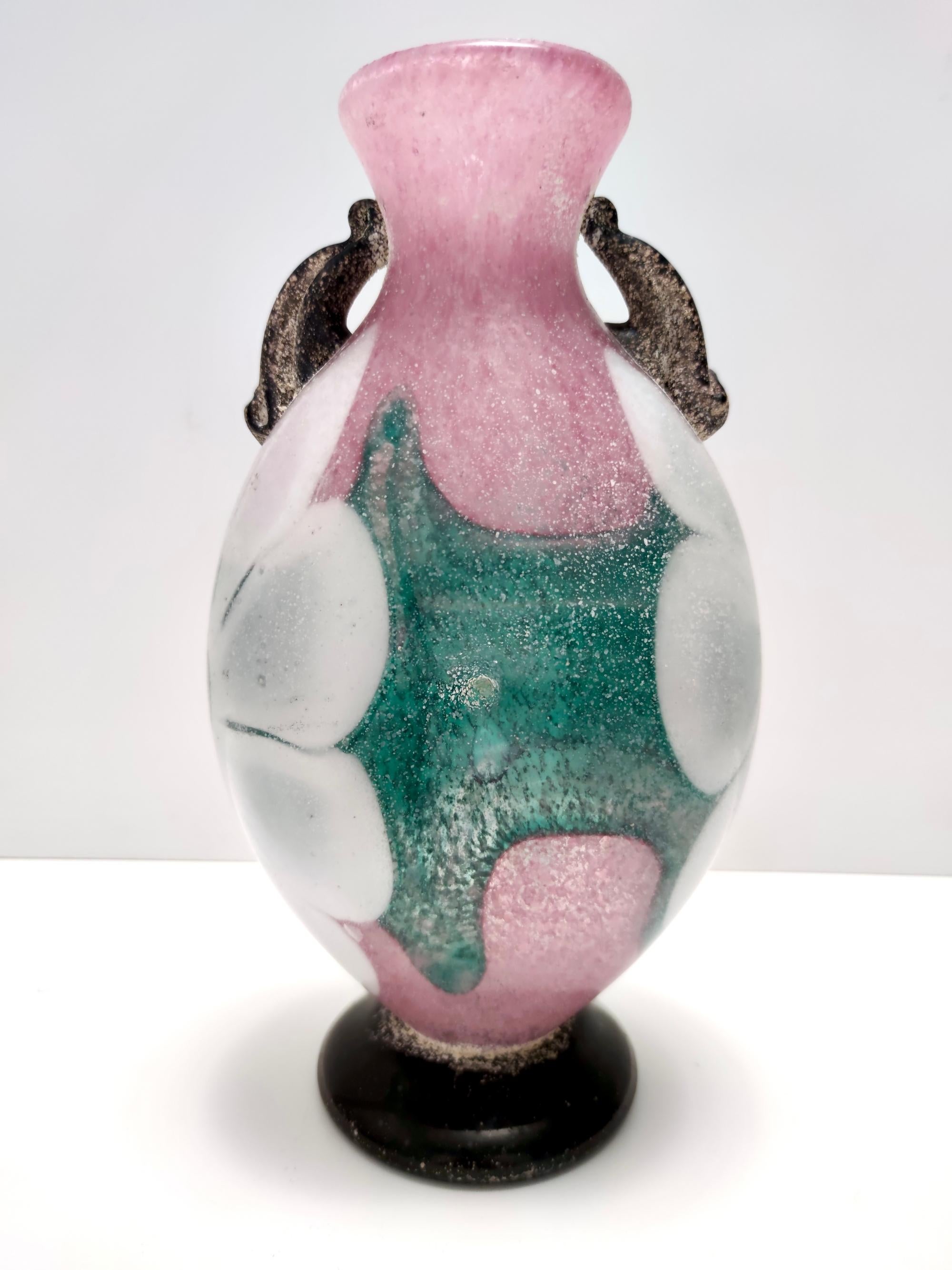 Italian Postmodern Pink, Green and White Hand Blown Scavo Glass Vase, Murano, Italy For Sale