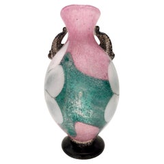 Retro Postmodern Pink, Green and White Hand Blown Scavo Glass Vase, Murano, Italy