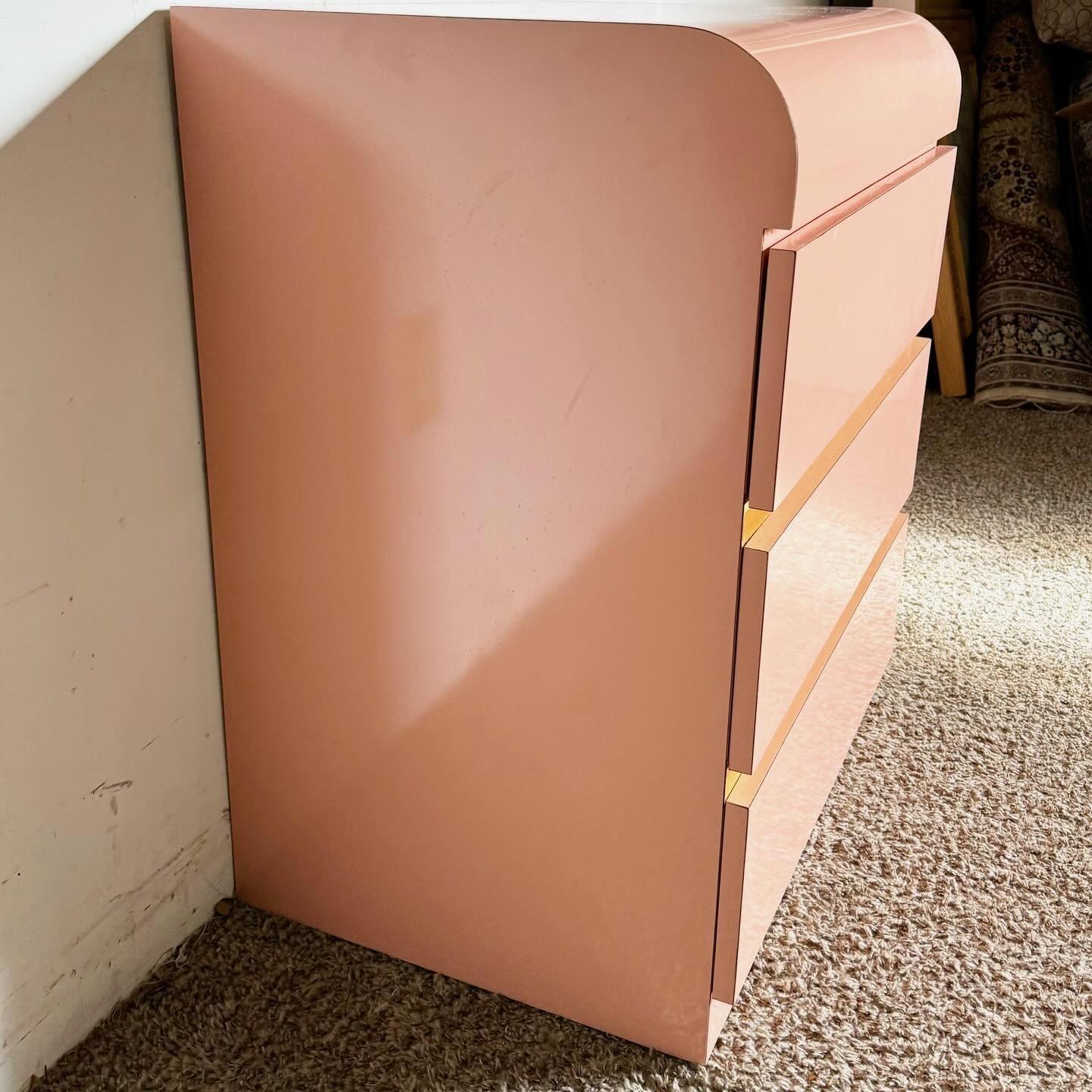 American Postmodern Pink Lacquer Laminate and Gold Waterfall Nightstand/Commode For Sale