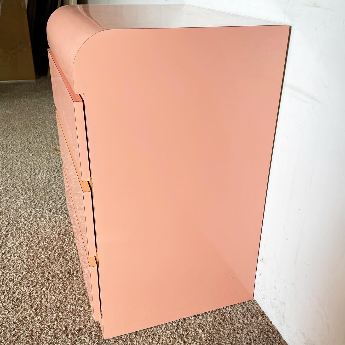 Postmodern Pink Lacquer Laminate and Gold Waterfall Nightstand/Commode In Good Condition For Sale In Delray Beach, FL