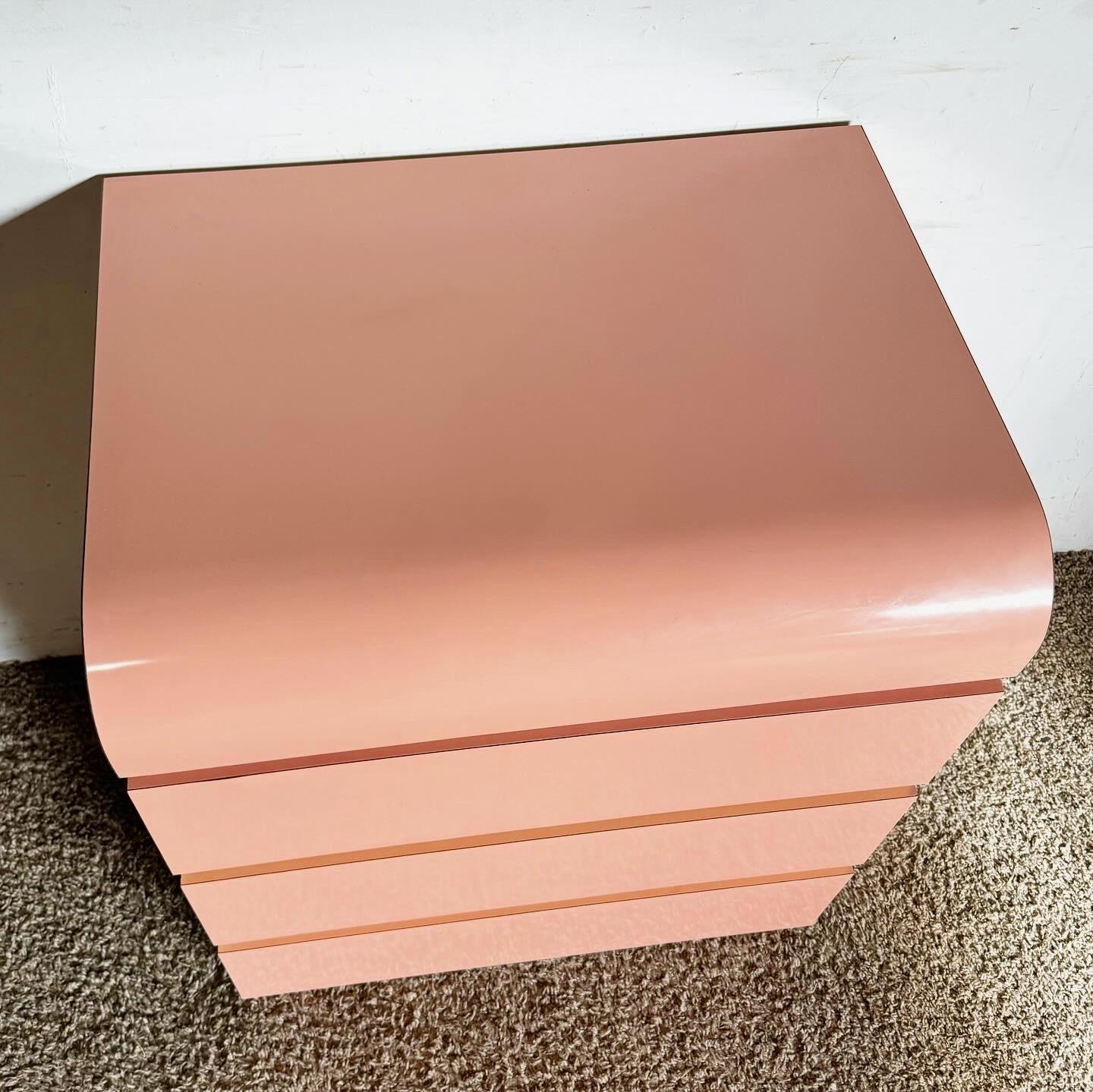 Late 20th Century Postmodern Pink Lacquer Laminate and Gold Waterfall Nightstand/Commode For Sale