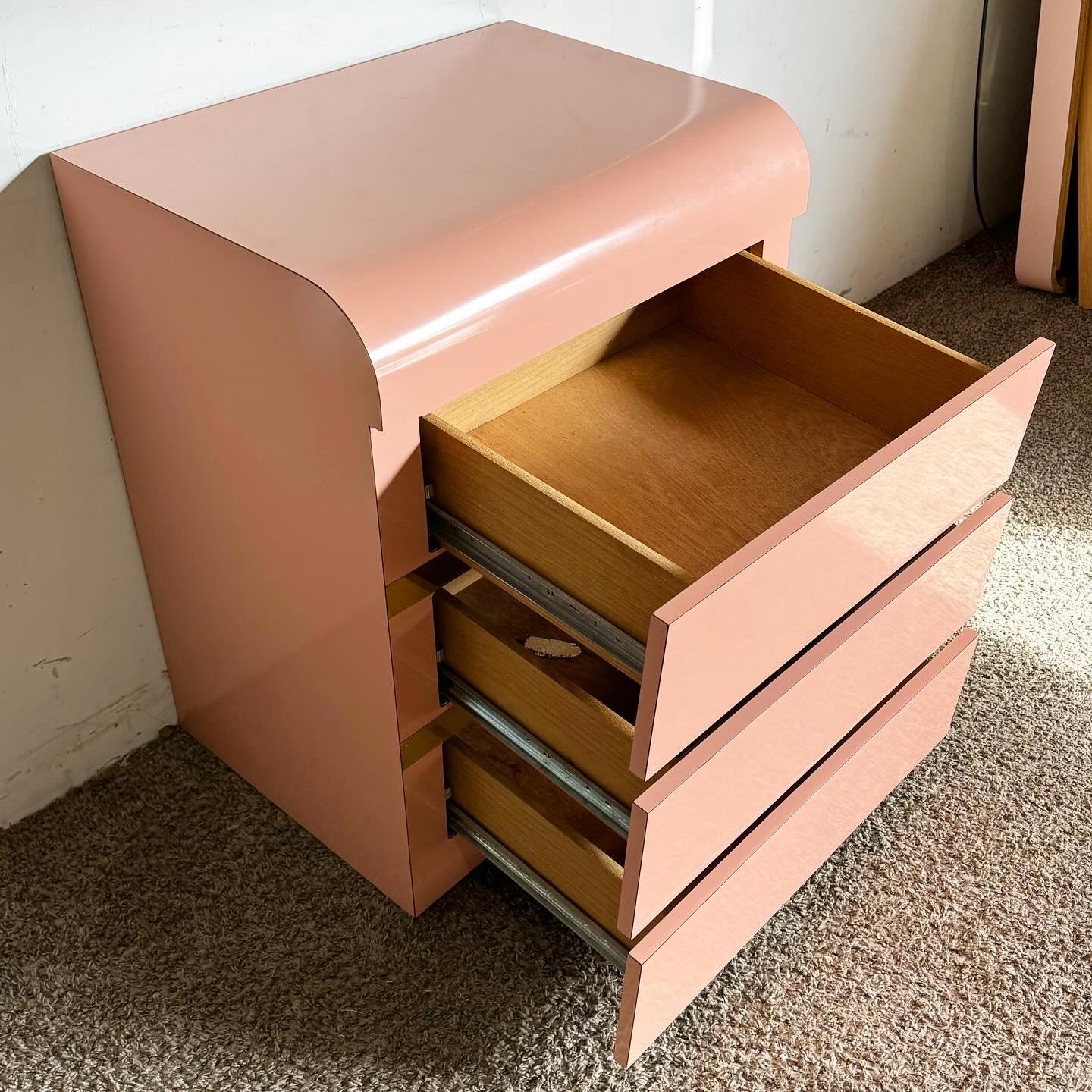 Wood Postmodern Pink Lacquer Laminate and Gold Waterfall Nightstand/Commode For Sale