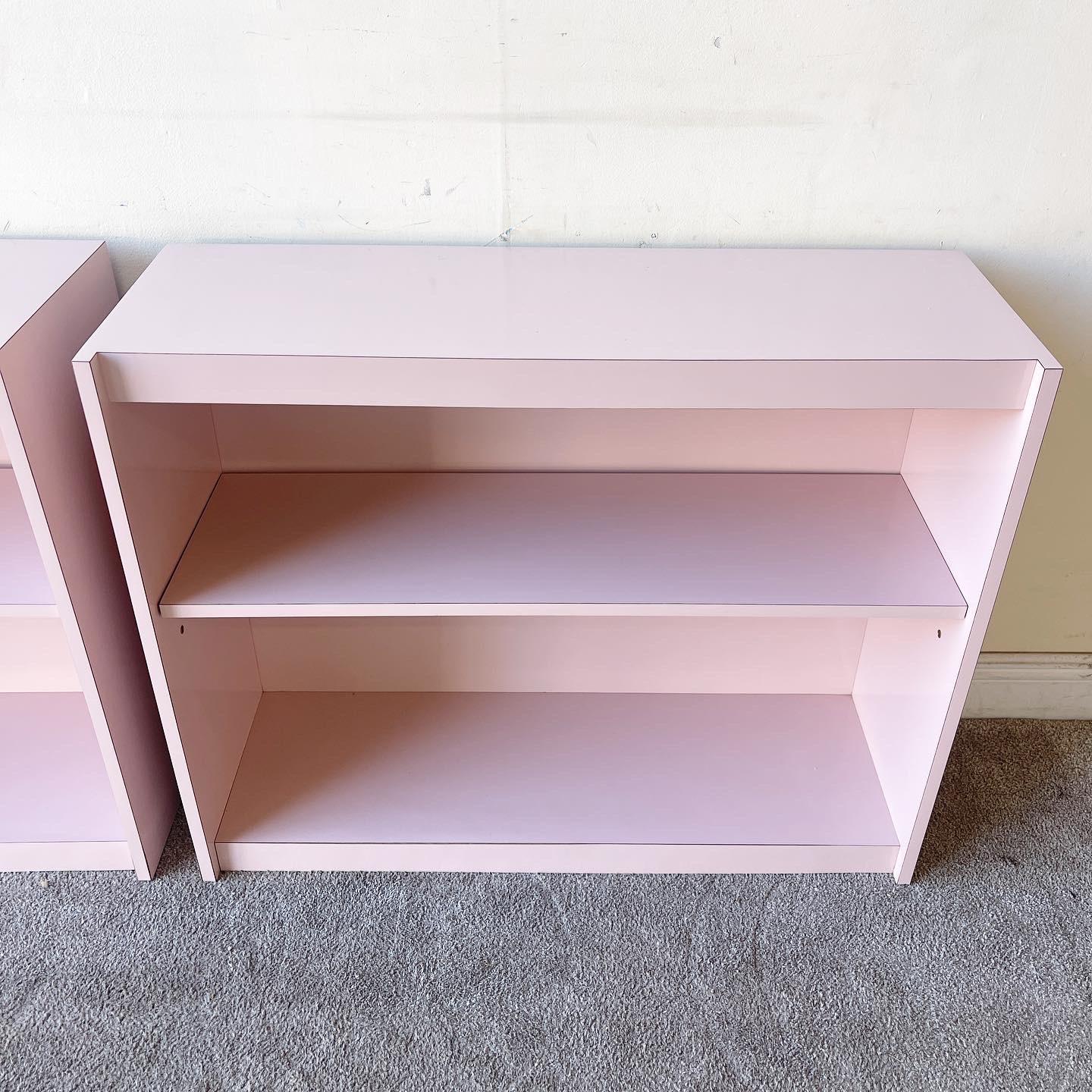 American Postmodern Pink Lacquer Laminate Bookshelves, Pair