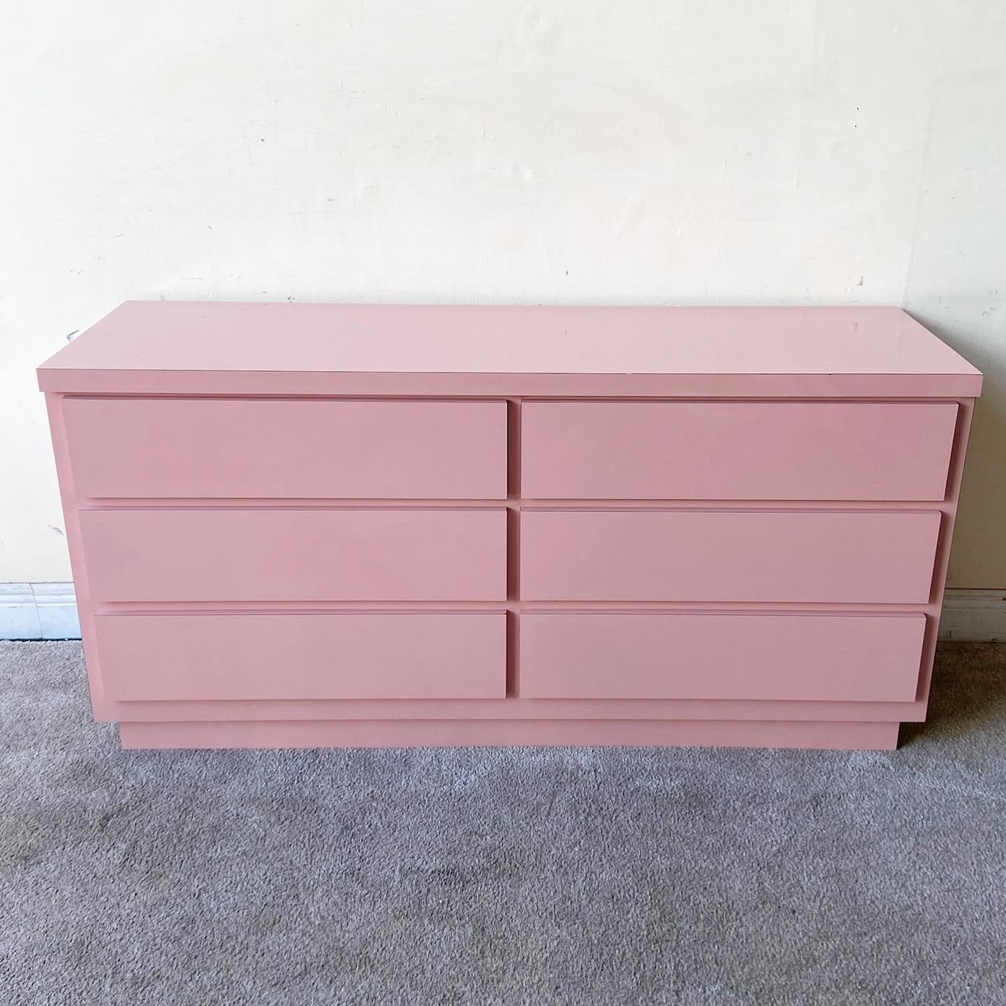 Postmodern Pink Lacquer Laminate Dresser 6 Drawers For Sale at