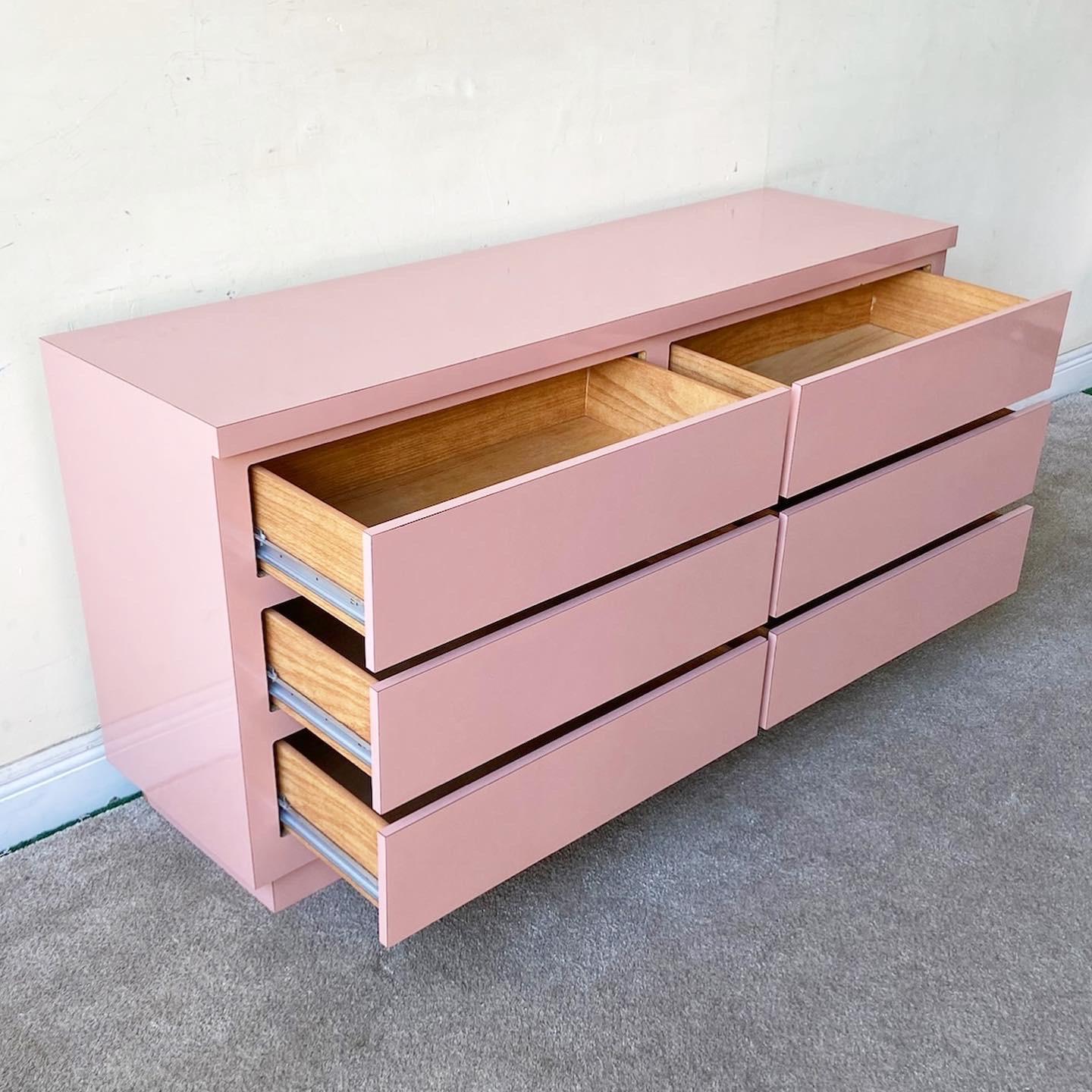 Postmodern Pink Lacquer Laminate Dresser 6 Drawers For Sale at