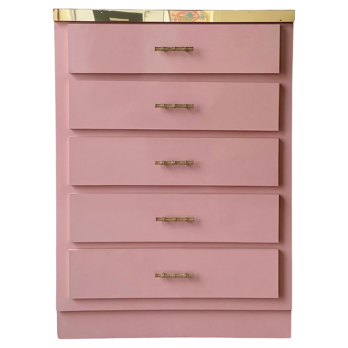 Postmodern Pink Lacquer Laminate & Gold Highboy Dresser, 5 Drawers