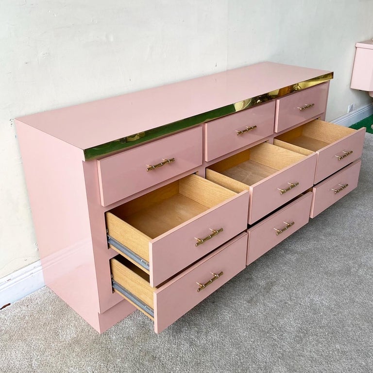Postmodern Pink Lacquer Laminate and Gold Lowboy Dresser 6 Drawers