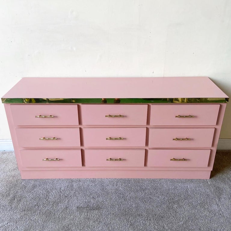 Postmodern Pink Lacquer Laminate and Gold Lowboy Dresser 6 Drawers