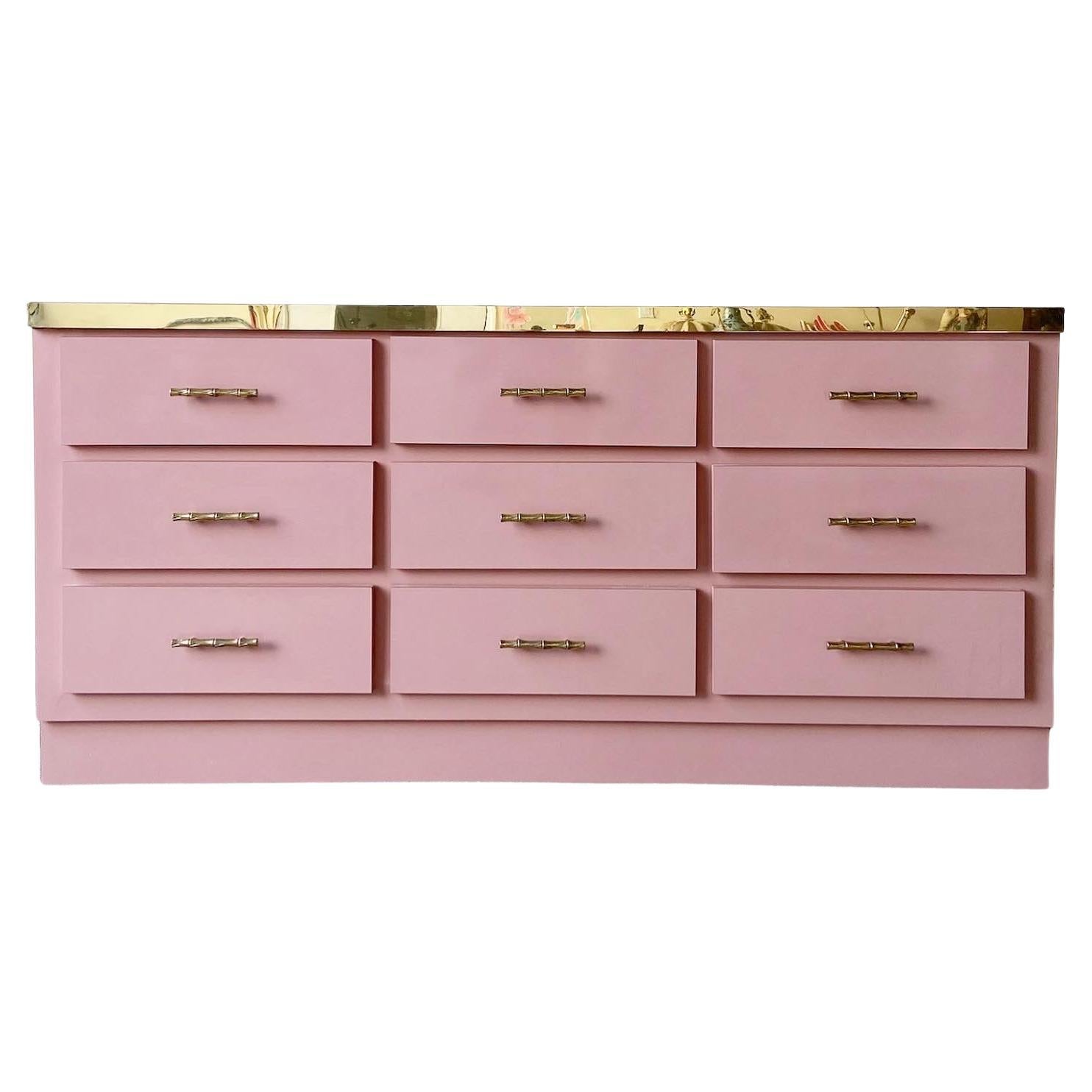 Postmodern Pink Lacquer Laminate and Gold Lowboy Dresser 6 Drawers