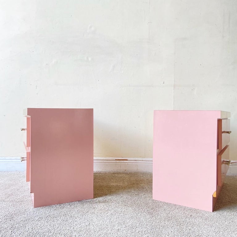Post-Modern Postmodern Pink Lacquer Laminate & Gold Nightstands, a Pair