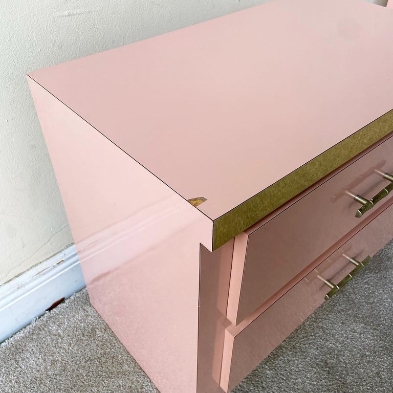 American Postmodern Pink Lacquer Laminate & Gold Nightstands, a Pair