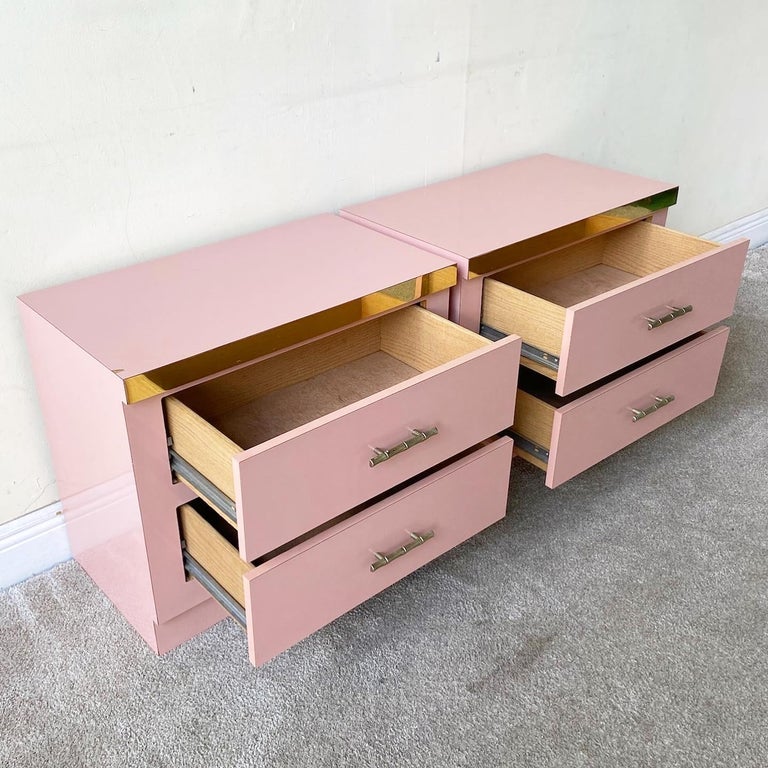 Late 20th Century Postmodern Pink Lacquer Laminate & Gold Nightstands, a Pair
