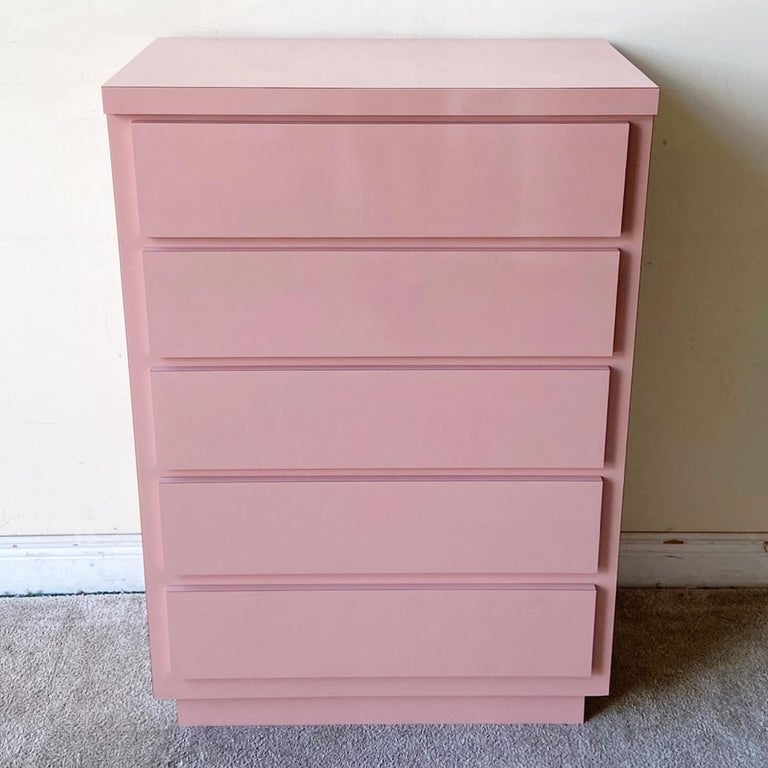 Postmodern Pink Lacquer Laminate Highboy Dresser For Sale at 1stDibs